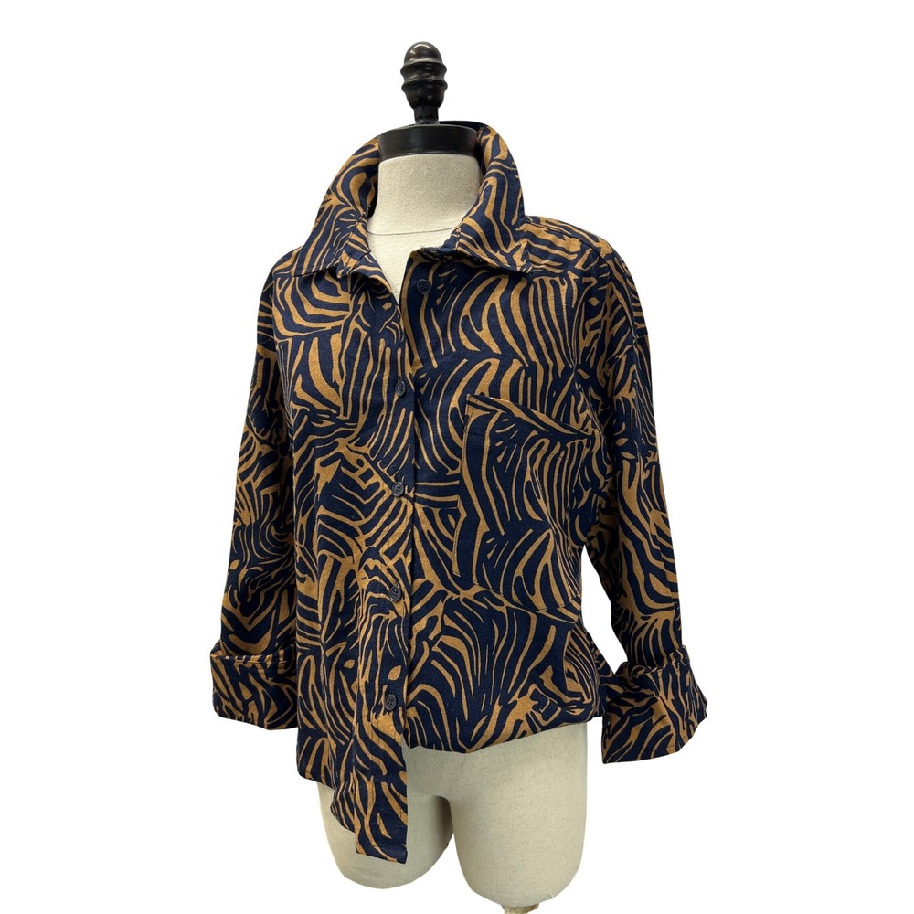 Joie Button Down Shirt Womens M Navy Tan New Linen Blend Zebra Print Long Sleeve